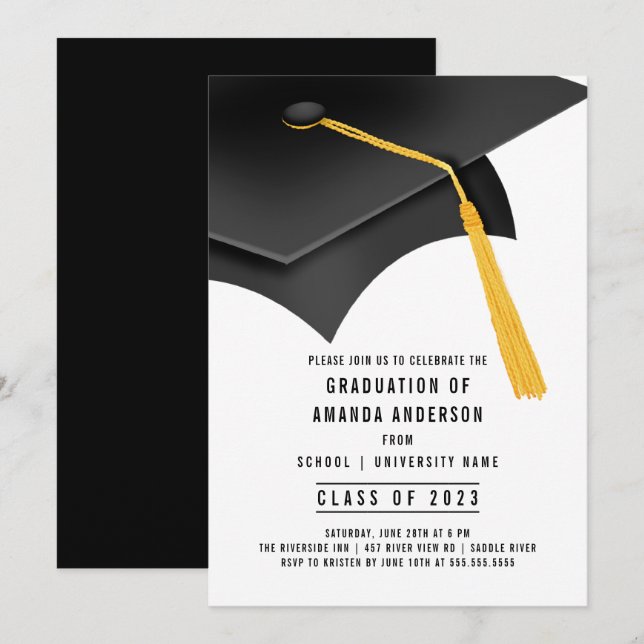 Black Grad Cap Graduation Party Invitation (Front/Back)