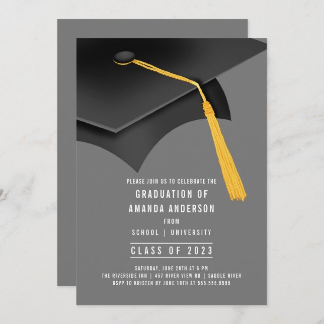 Black Grad Cap Grey Graduation Party Invitation (Front/Back)