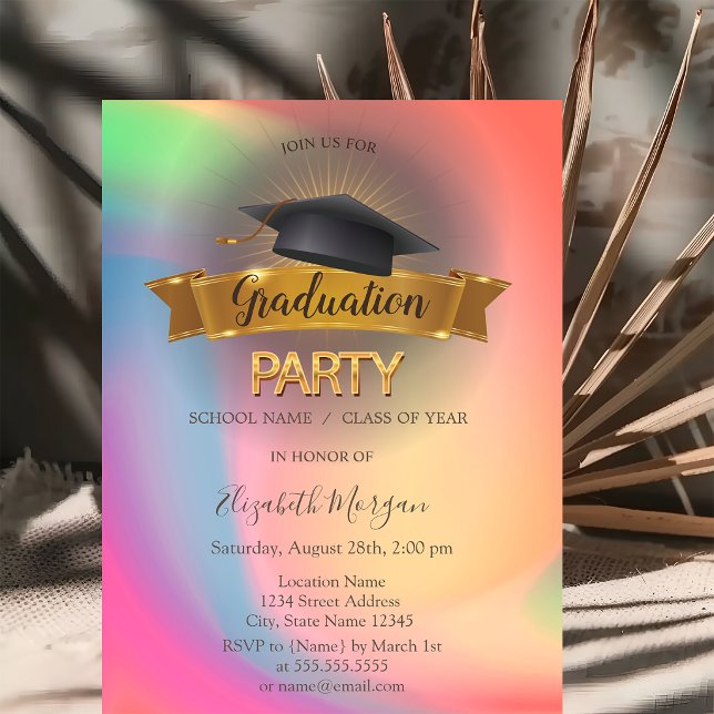 Black Grad Cap Rainbow Colourful Graduation Party Invitation (Creator Uploaded)