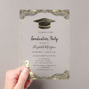 Black Grad Cap,Wine Glass Confetti Gold Graduation Acrylic Invitations