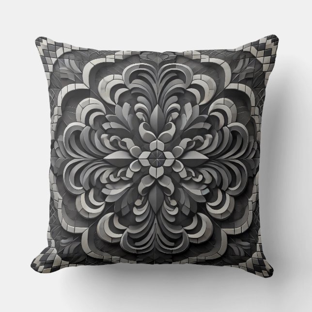 Black Gradient Mandala: Deep Mosaic Art Throw Pillow (Front)