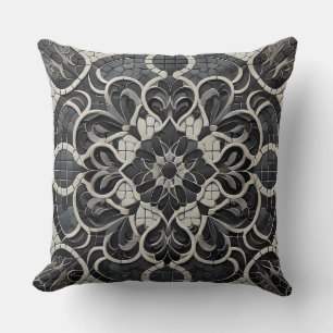 Black Gradient Mandala Pattern: Deep Mosaic Art Throw Pillow