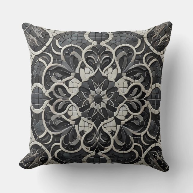 Black Gradient Mandala Pattern: Deep Mosaic Art Throw Pillow (Front)