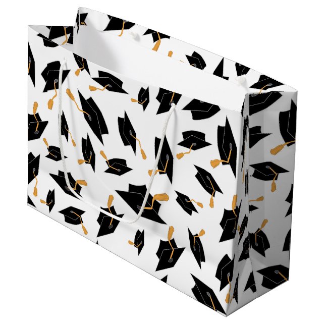 Black Graduate Caps Pattern on White Large Gift Bag (Front Angled)