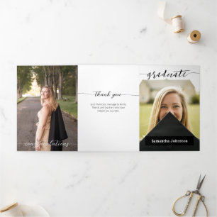 Black Graduate Script Modern Three Photo Tri-Fold Invitation