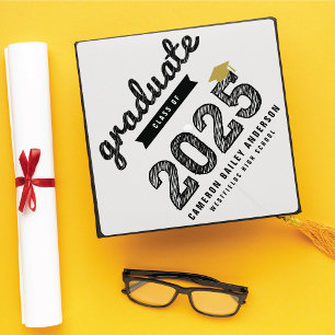 Black Graduate Sketch Bold Typography 2024 Class Graduation Cap Topper