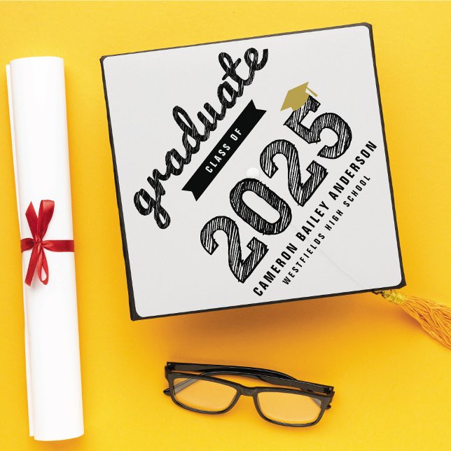 Black Graduate Sketch Bold Typography 2025 Class Graduation Cap Topper (Black Graduate Sketch Bold Typography 2025 Class Graduation Cap Topper @ fatfatin)
