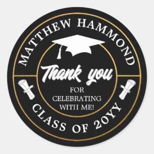 Black Graduating Class Thank You Grad Cap Classic Round Sticker