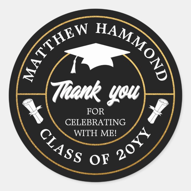 Black Graduating Class Thank You Grad Cap Classic Round Sticker (Front)