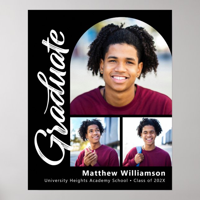 Black Graduation 3 Photo Bold Arch White Script Poster (Front)