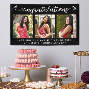 Black Graduation 3 Photo Modern Calligraphy Hearts Banner
