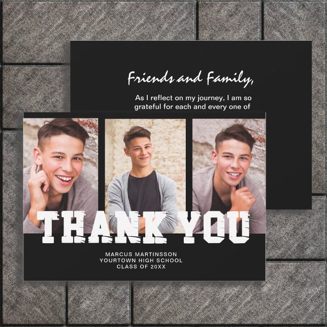 Black Graduation 3 Photo Thank You  Card (Black and white 3-photo graduation "Thank You" card.)