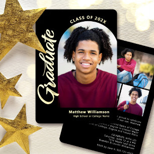 Black Graduation 4 Photo Bold Arch Party Real Gold