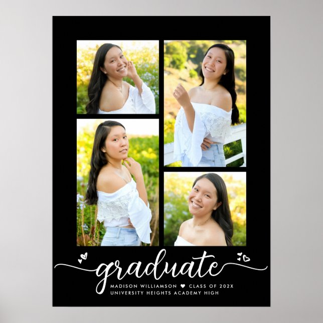 Black Graduation 4 Photo White Script Hearts Girly Poster (Front)