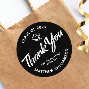 Black Graduation Bold White Script Cap Thank You Classic Round Sticker