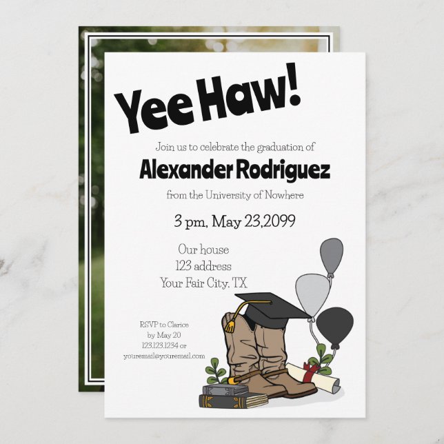 Black Graduation Cap Cowboy Boot Arrangement Invitation (Front/Back)