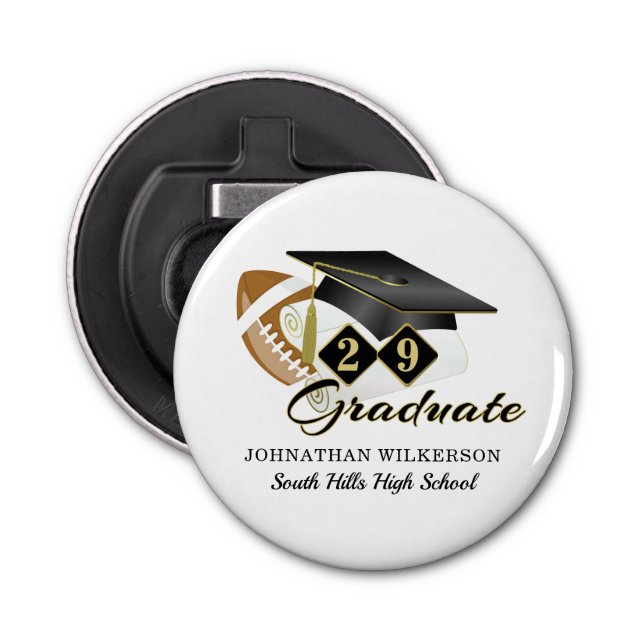 Black Graduation Cap Football Personalized Bottle Opener (Front)