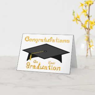 Black Graduation Cap Gold Glitter On Party Hat  Card