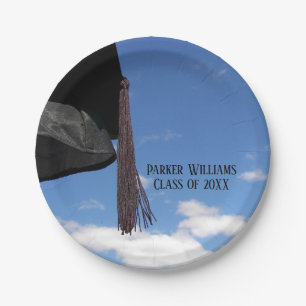 Black Graduation cap in sky Paper Plate
