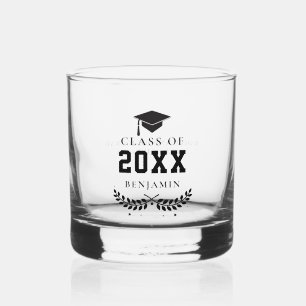 Black Graduation Cap Laurel Personalized Grad Gift Whiskey Glass