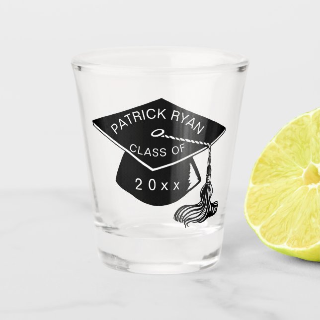 Black Graduation Cap Monogram Name Class of 2023 Shot Glass (Front)