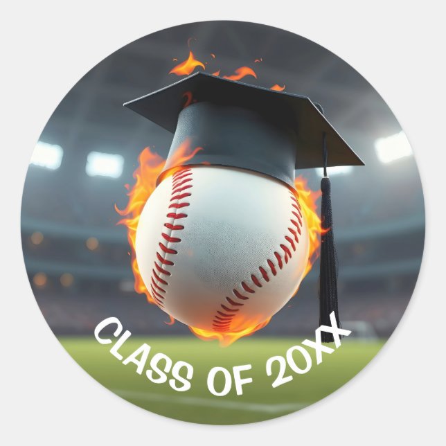 Black Graduation Cap On a Flaming Baseball Classic Round Sticker (Front)