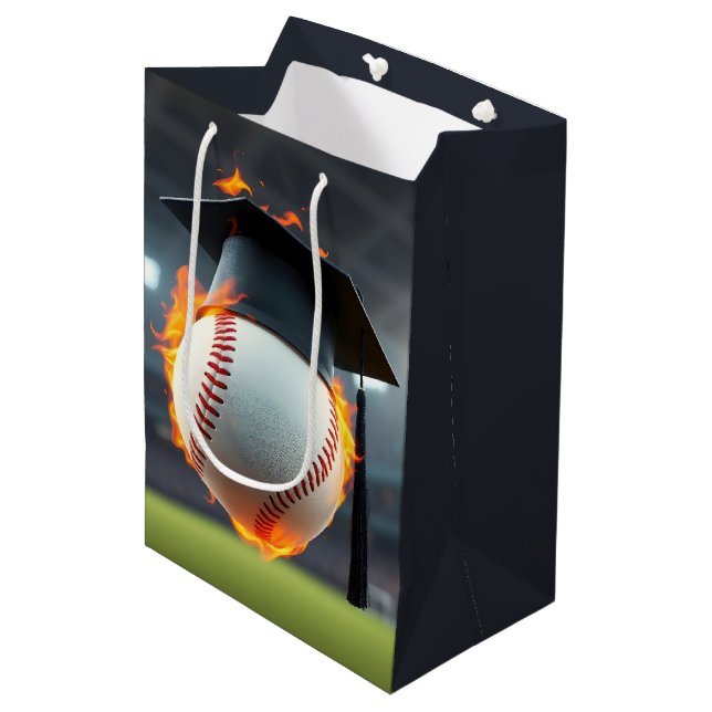 Black Graduation Cap On a Flaming Baseball Medium Gift Bag (Front Angled)