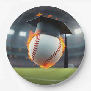 Black Graduation Cap On a Flaming Baseball Paper Plate