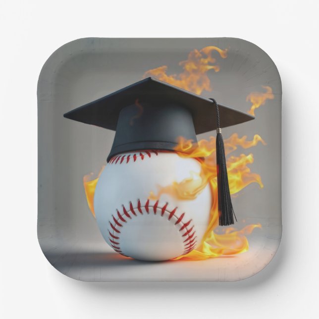 Black Graduation Cap On a Flaming Baseball Paper Plate (Front)