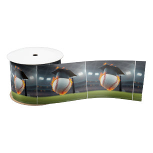 Black Graduation Cap On a Flaming Baseball Satin Ribbon