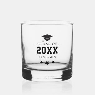 Black Graduation Cap Stars Personalized Grad Gift Whiskey Glass