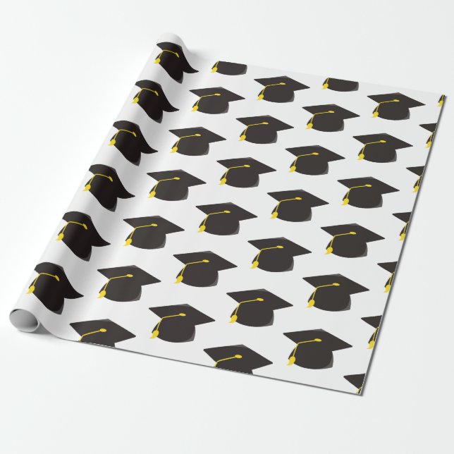 Black Graduation Cap w/ White Background Gift Wrapping Paper (Unrolled)