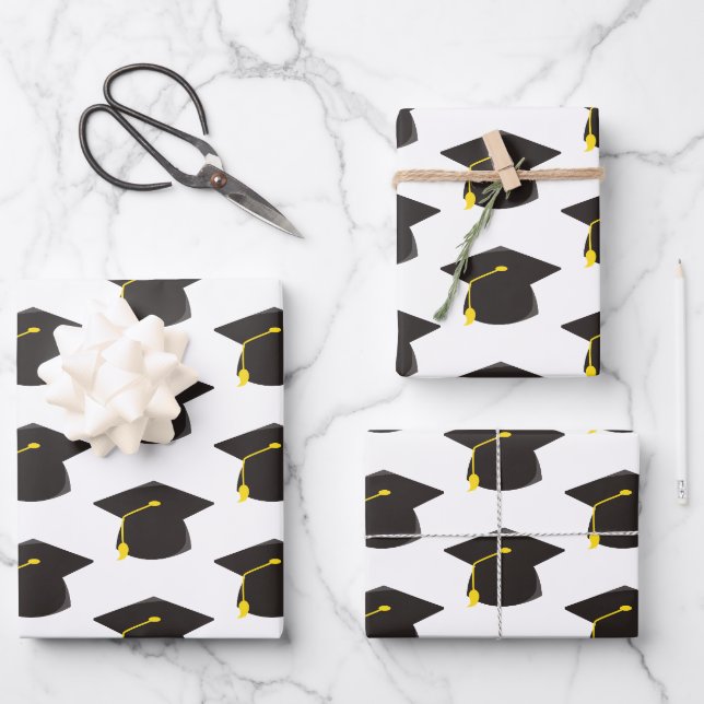 Black Graduation Cap w/ White Background Gift Wrapping Paper Sheet (Front)