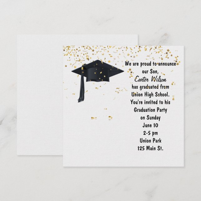 Black Graduation Cap with Gold Confetti  Invitation (Front/Back)