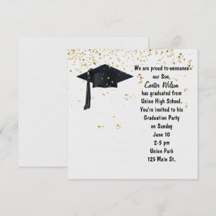 Black Graduation Cap with Gold Confetti  Invitation