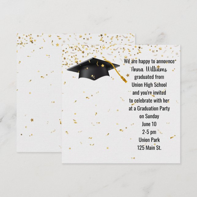 Black Graduation Cap with Gold Confetti Invitation (Front/Back)