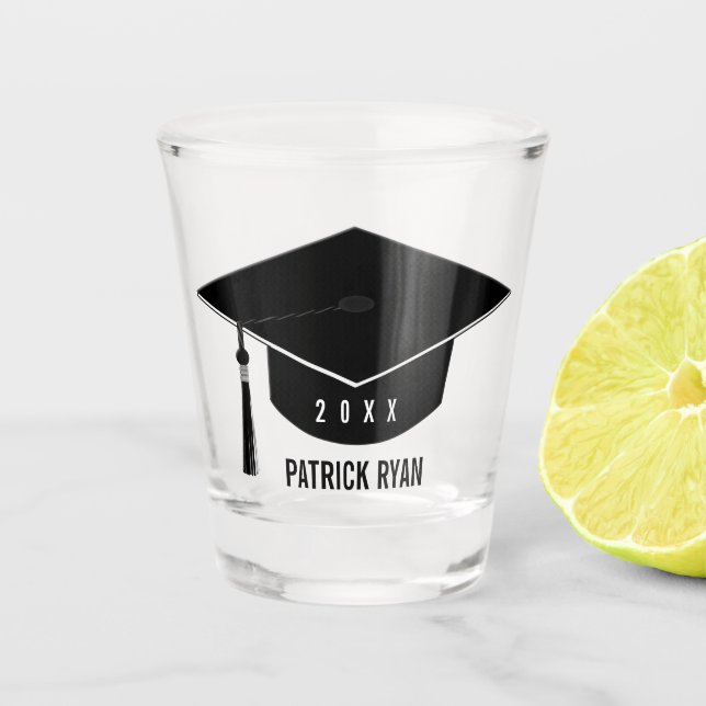 Black Graduation Cap Year Monogram Name Shot Glass (Front)