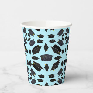 Black Graduation Caps Tossed In Air Graduate Paper Cups