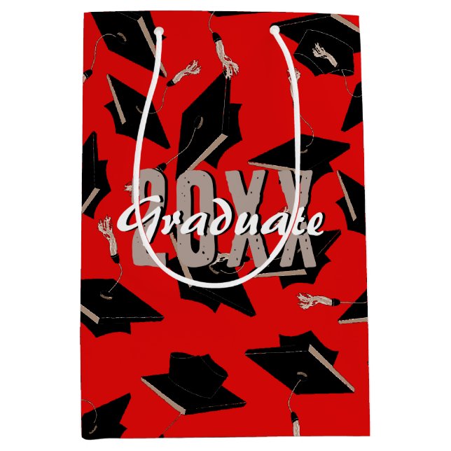 Black Graduation Caps Tossed in the Air on Red Medium Gift Bag (Front)