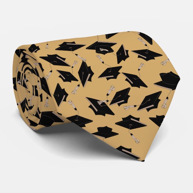 Black Graduation Caps Tossed in the Air on Tan Tie (Rolled)