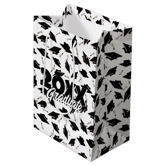 Black Graduation Caps Tossed in the Air on White Medium Gift Bag (Front Angled)
