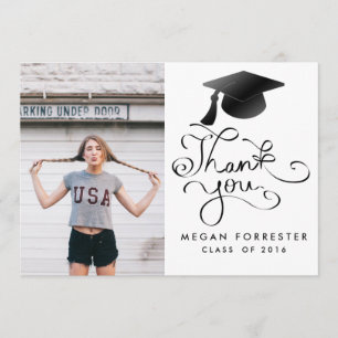 Black Graduation Hat Handwritten Thank You Photo Card