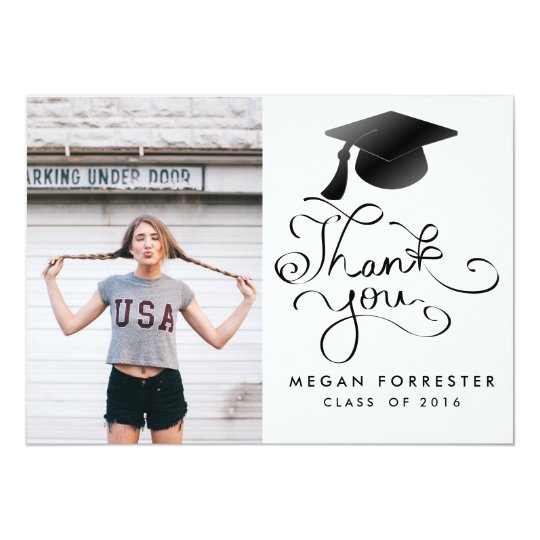 Black Graduation Hat Handwritten Thank You Photo Card
