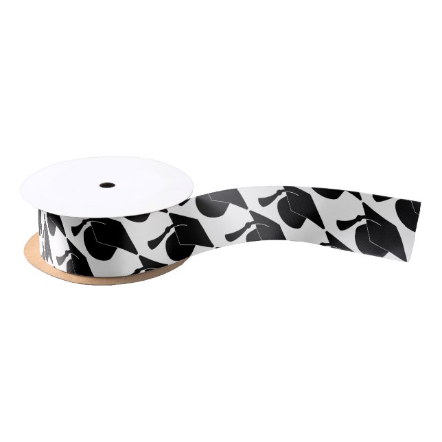Black Graduation Hat Pattern Satin Ribbon (Spool)