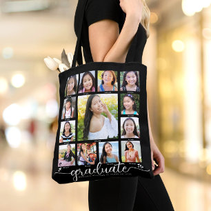 Black Graduation K–12 Modern Script Photo Collage Tote Bag