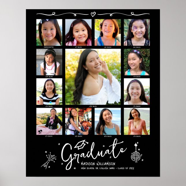 Black Graduation K–12 Photo Collage White Doodles Poster (Front)