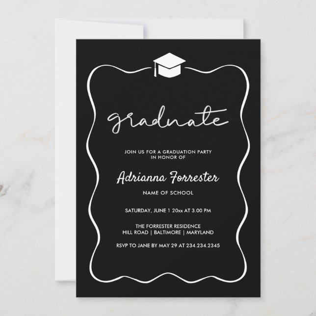 Black Graduation Party Hat Ribbon Frame Invitation (Front)