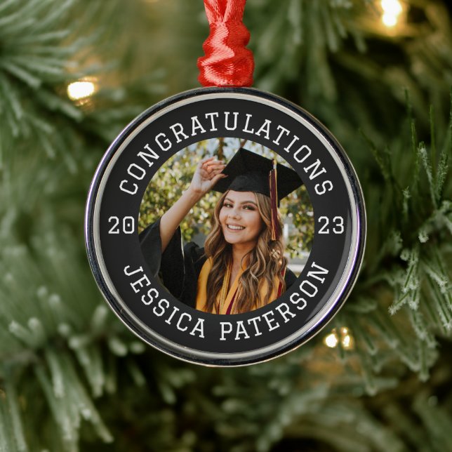 Black Graduation Party With Photo Name Metal Ornament (Tree)