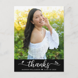 Black Graduation Photo Script Hearts Thank You Postcard