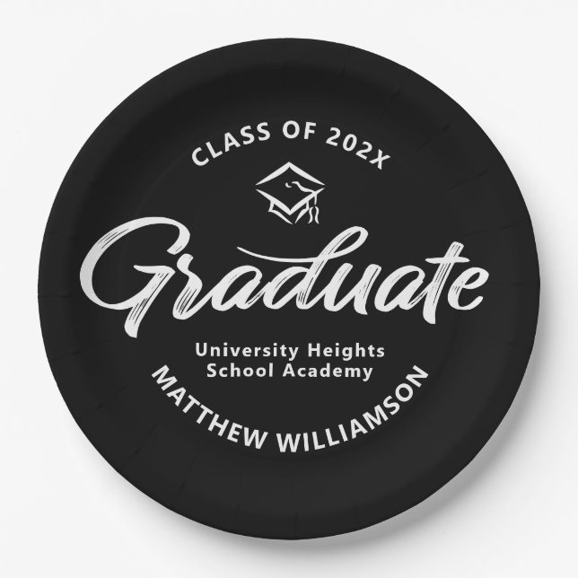 Black Graduation White Bold Retro Script Cap Icon Paper Plate (Front)